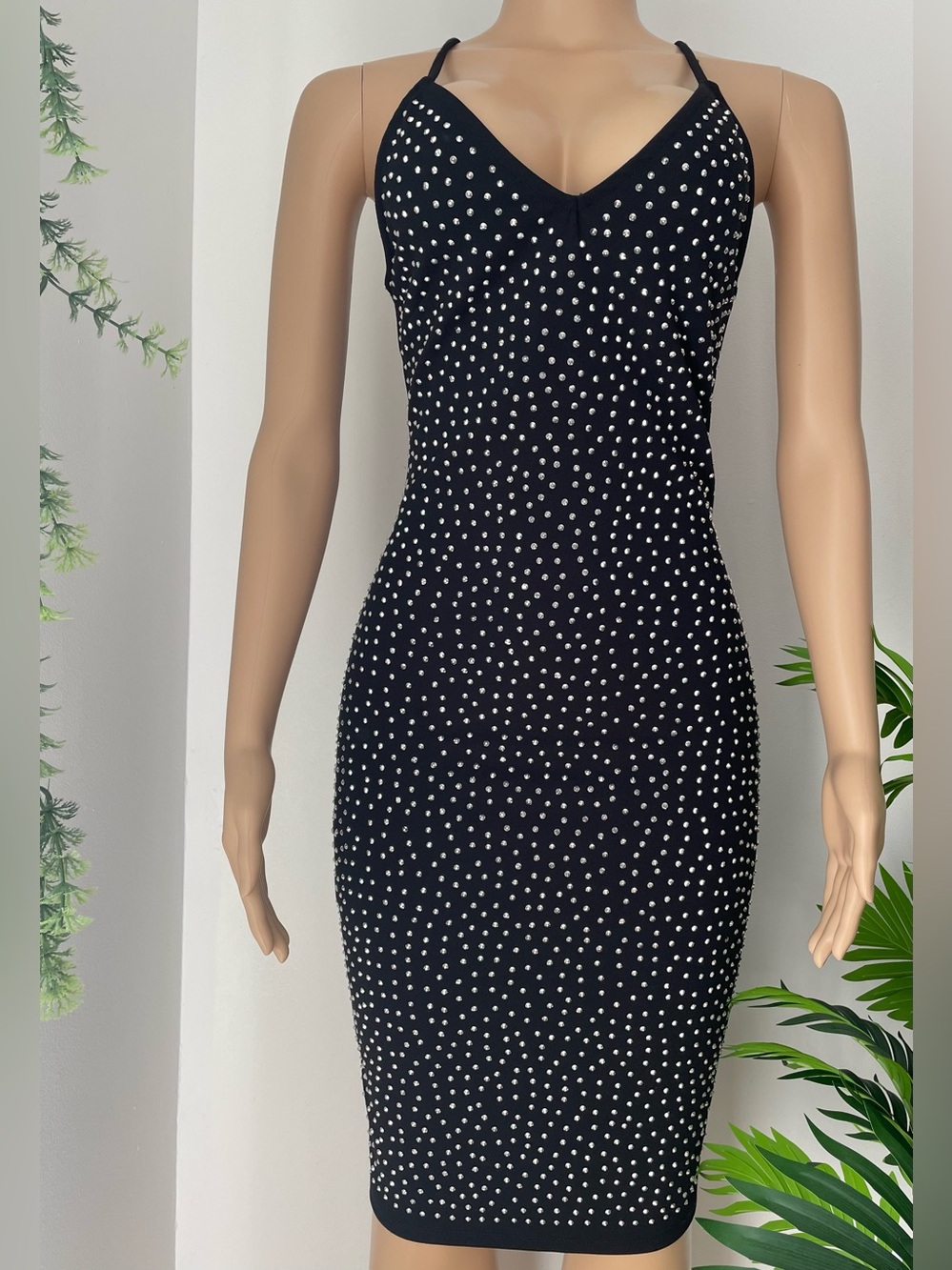 Revamped Black Rhinestone Halter Bodycon Midi Dress